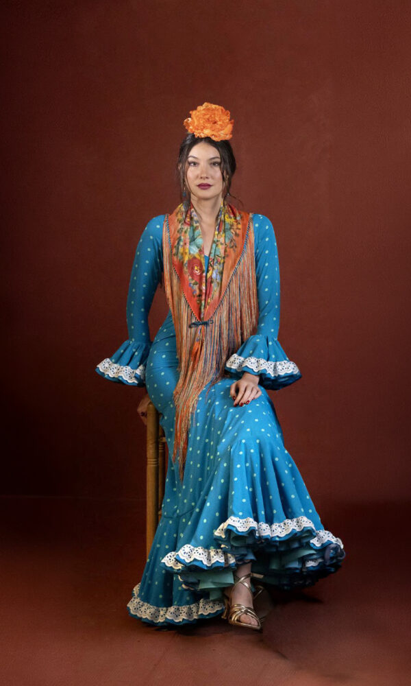 Traje de flamenca Turquesa con Lunares Verdes