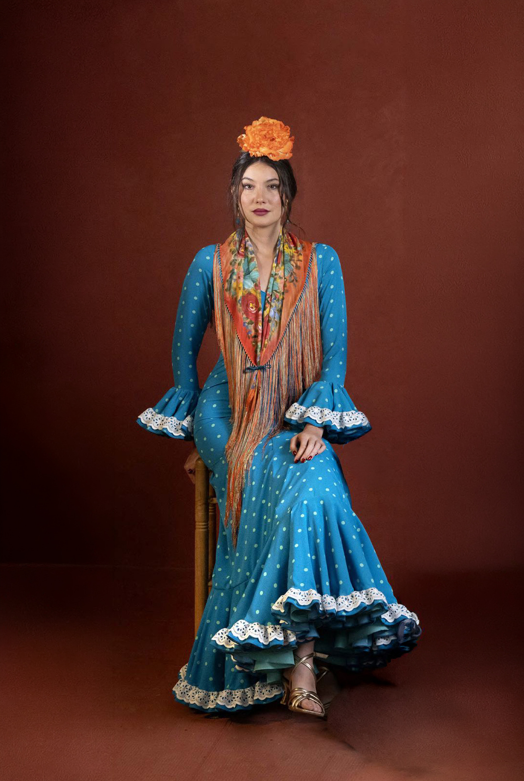 Traje de flamenca Turquesa con Lunares Verdes