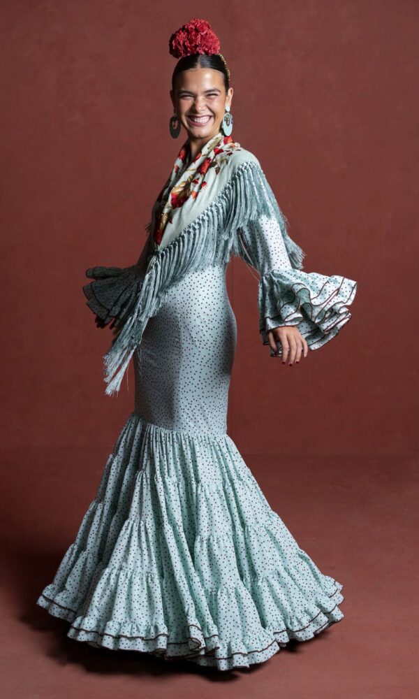 Traje de Flamenca Verde Agua con Lunares Marrones (Peral)